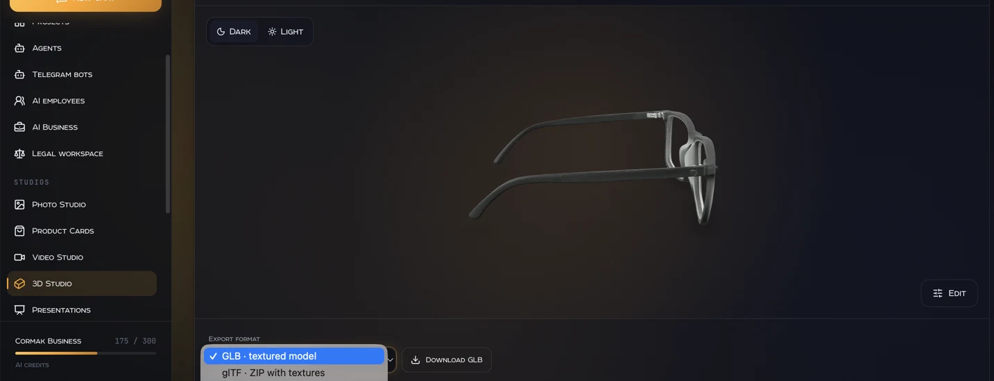 Cormak 3D model export selector showing GLB and glTF