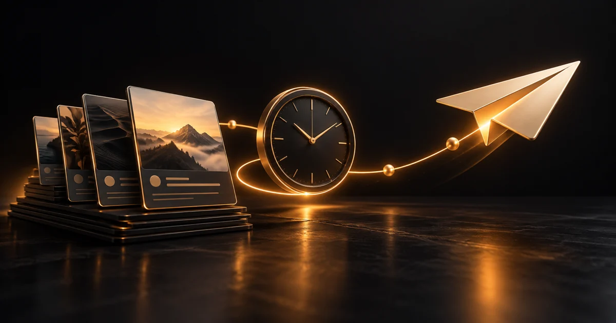 A paper plane, clock and publication cards